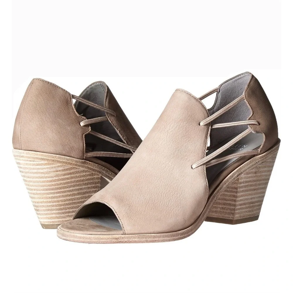 Eileen Fisher Leather Peep Toe Wedge Sandals‎ Womens 9.5 Strappy Boho Festival